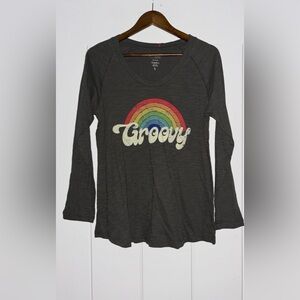 Natural Life Groovy Scoop Neck Long Sleeve Cotton  Tee Shirt Women L NEW Boho